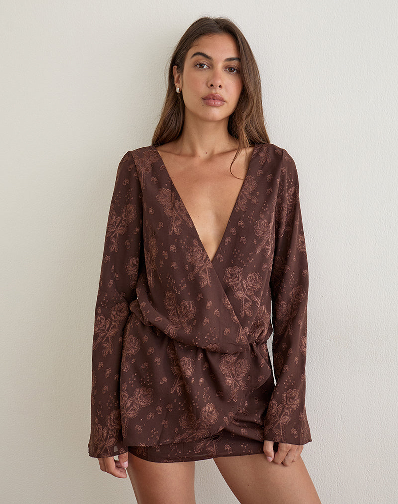 Alaia Mini Dress in Floral Jacquard Chiffon Brown