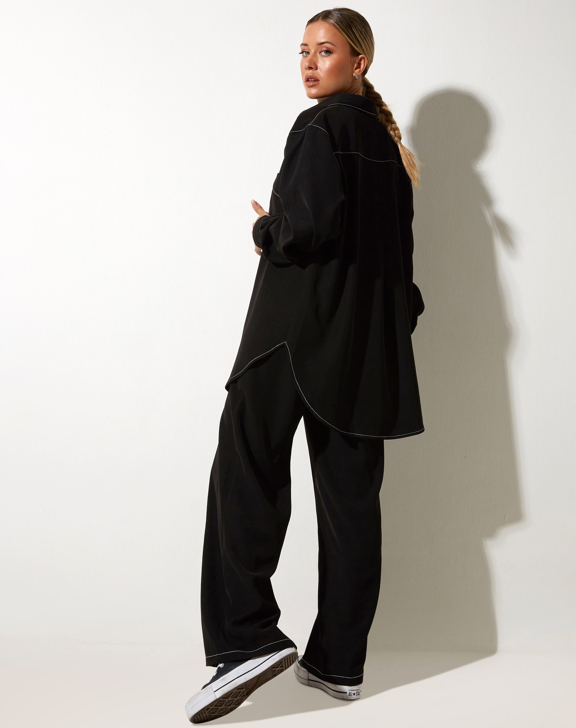 Black with White Stitching Wide Leg Trousers | Albus – motelrocks-com-aus