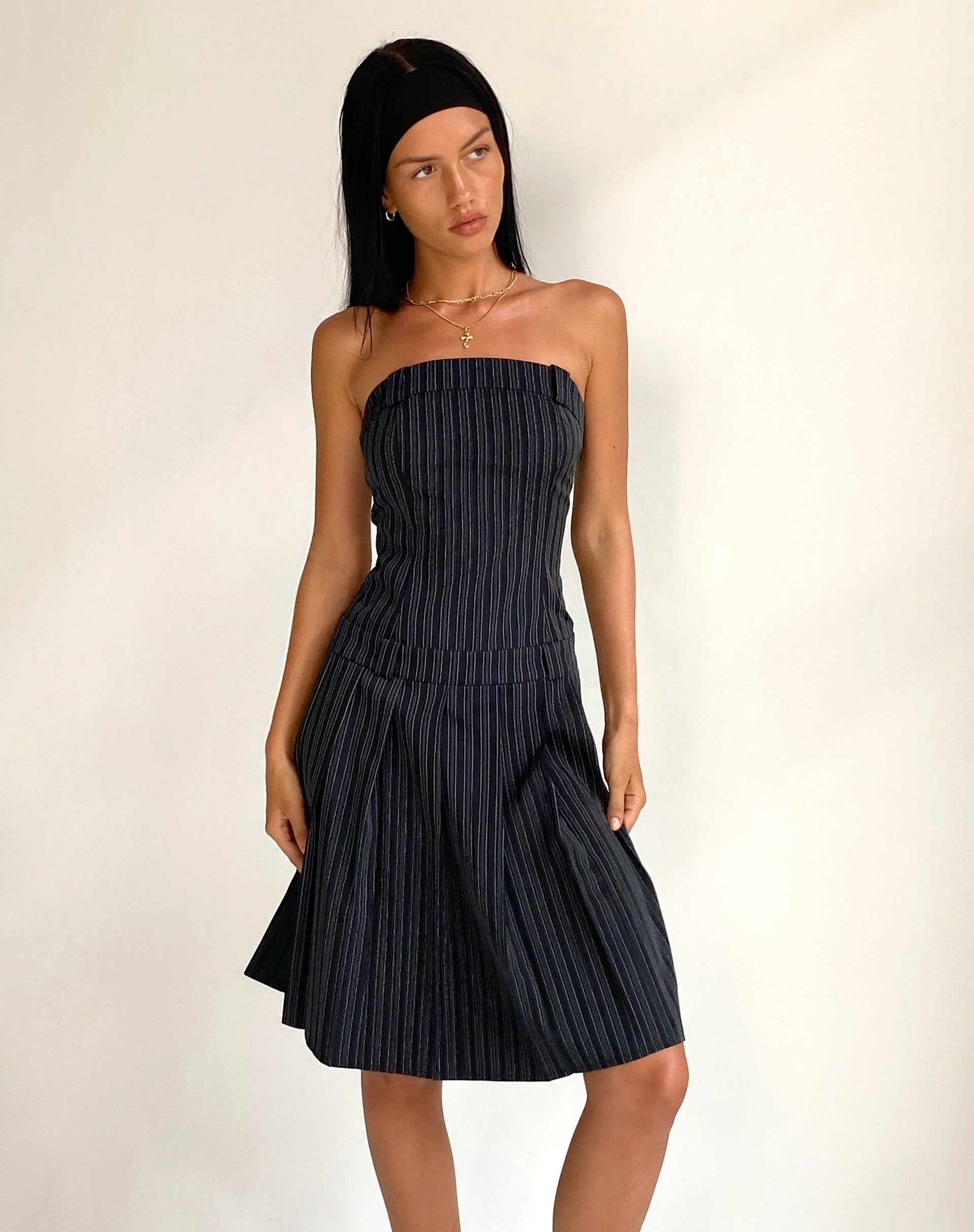 Aldari Bandeau Midi Dress in Tailoring Black Pinstripe