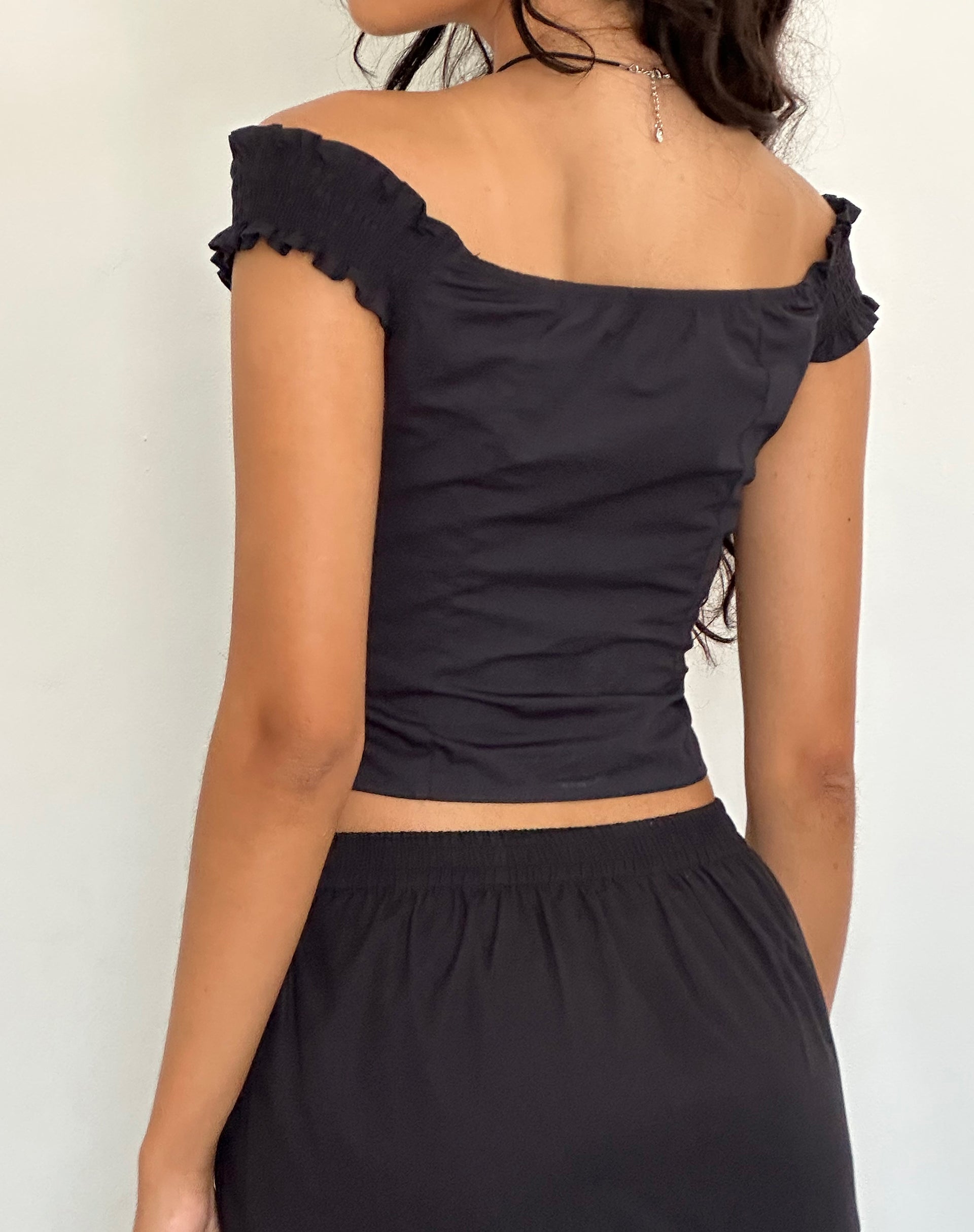 Black satin long online sleeve bardot corset top