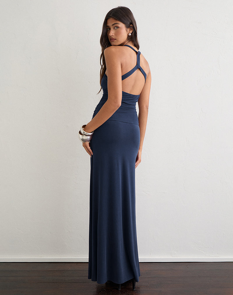 Image of Alivia Ruched Maxi Dress in Cupro Navy