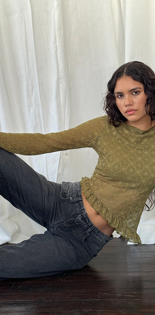 Image of Allegra Long Sleeve Top in Textured Moss Green Lace