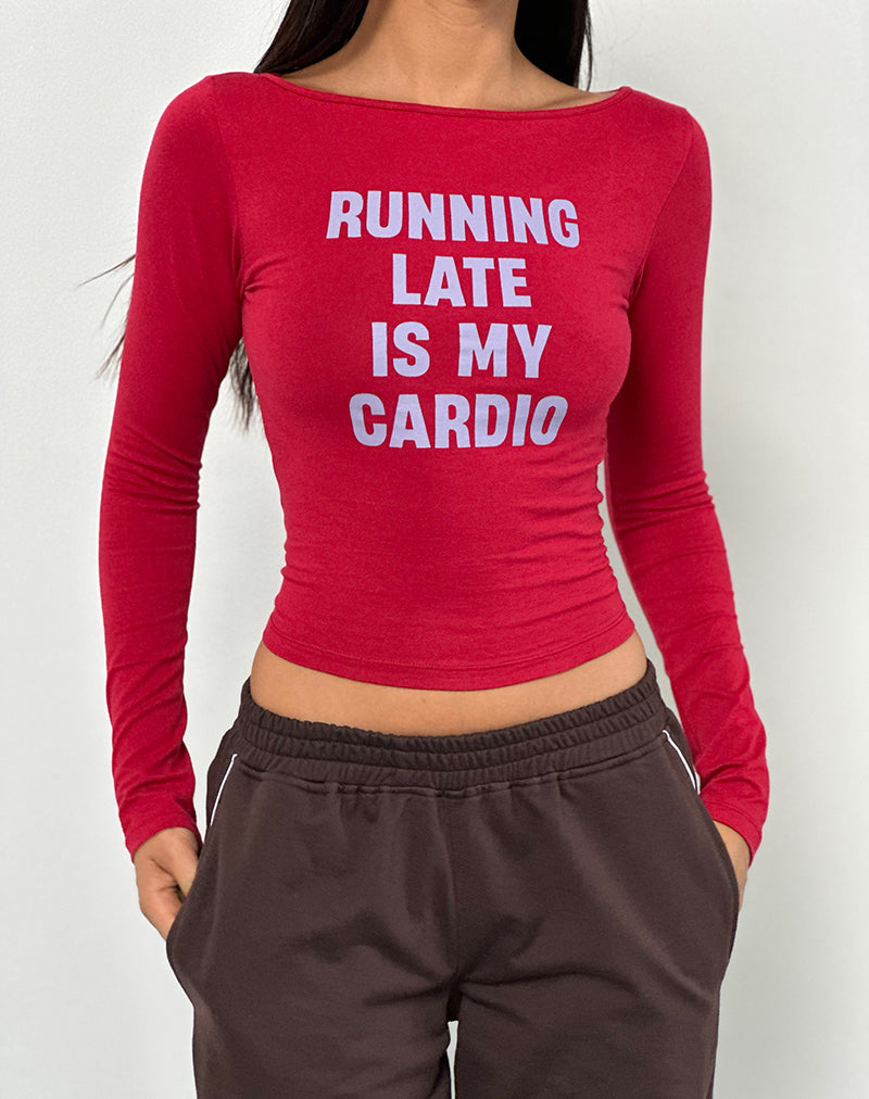 Amabon Long Sleeve Top in Adrenaline Red with Running Late Slogan