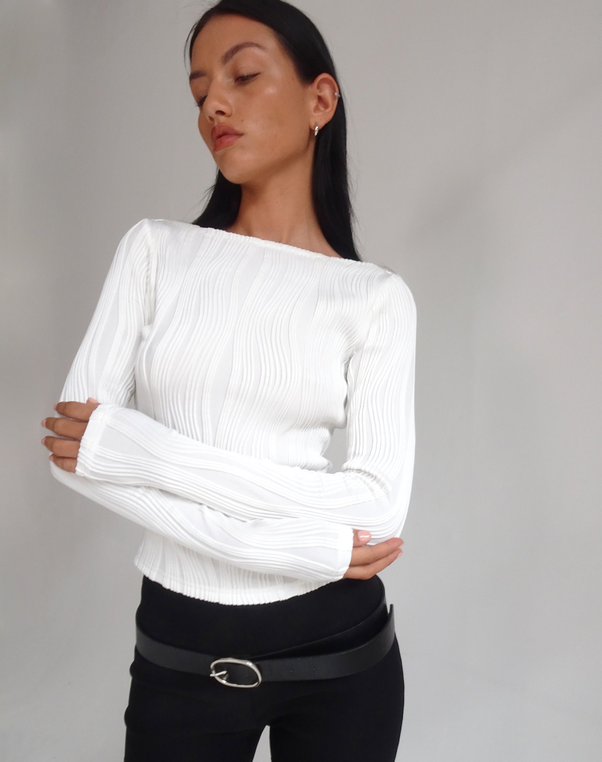 Image of Amabon Long Sleeve Crop Top in Crinkle White