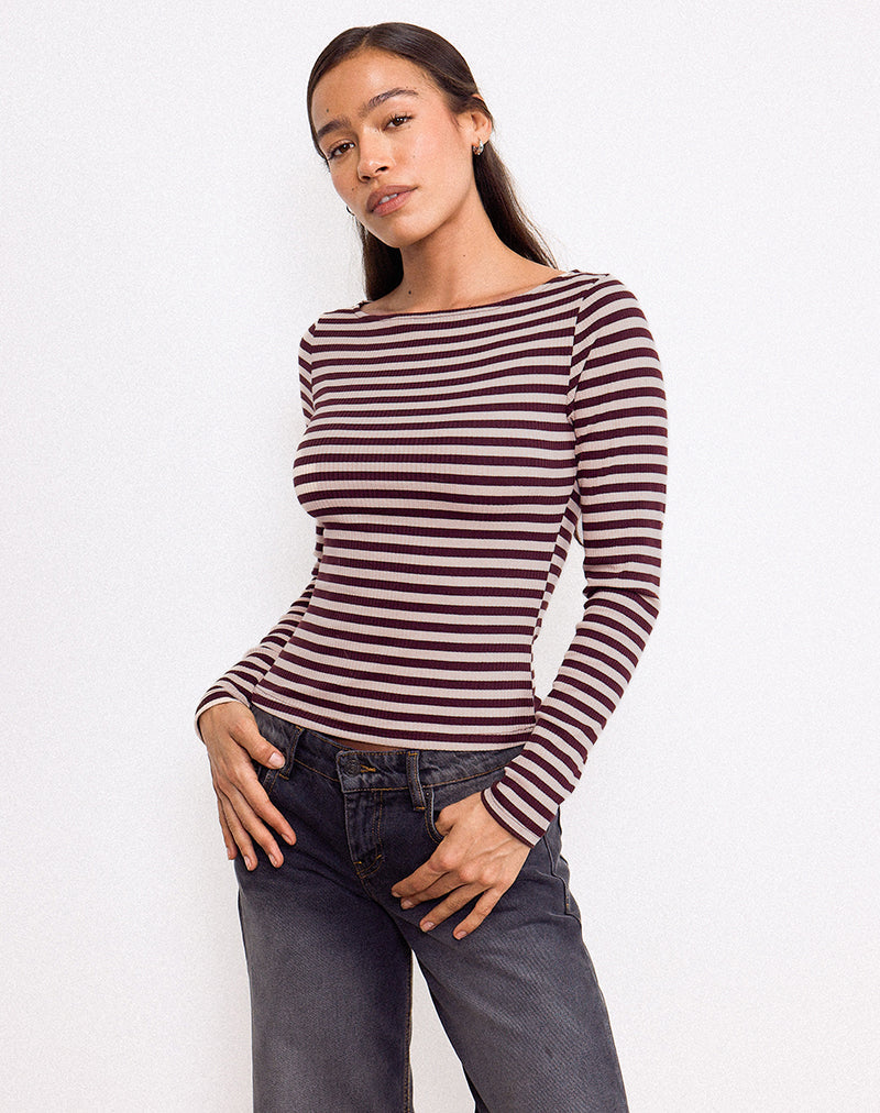 Image of Amabon Long Sleeve Top in Tonal Brown Stripe