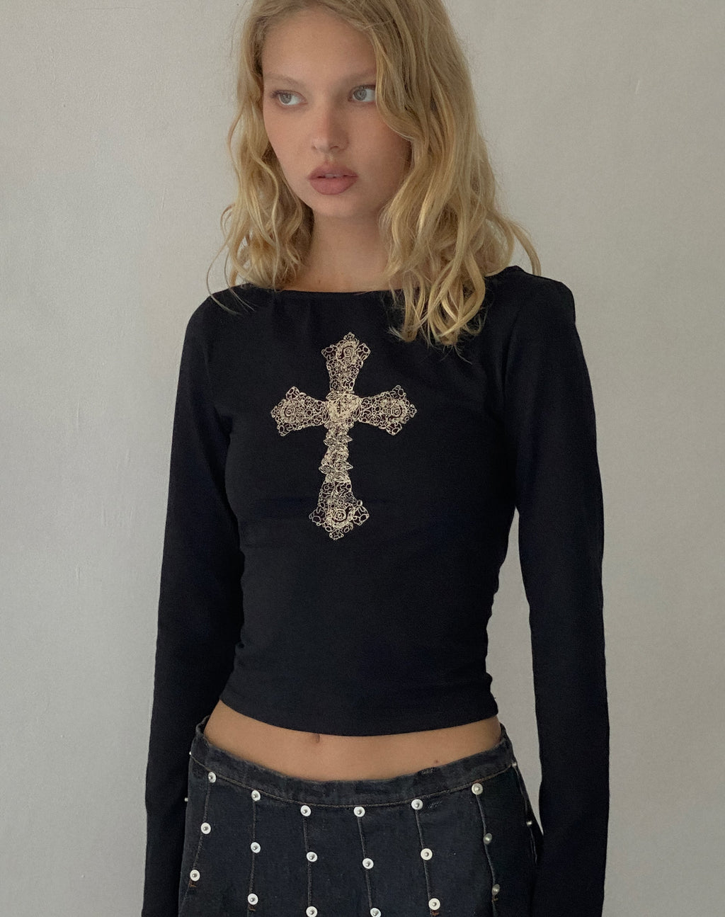 Amabon Top in Black with Cross Motif