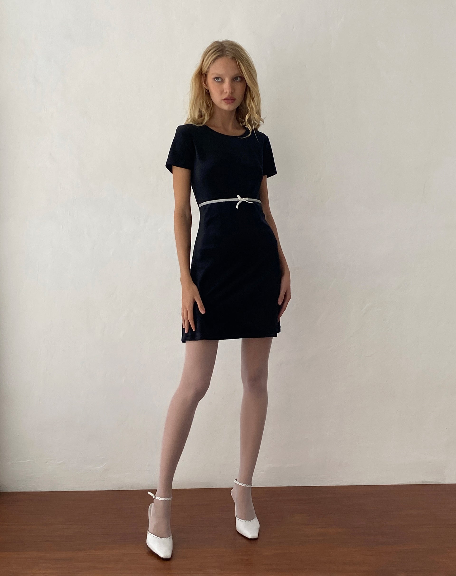 Image of Amanda Mini Dress in Black Velvet with White Trim and Bow