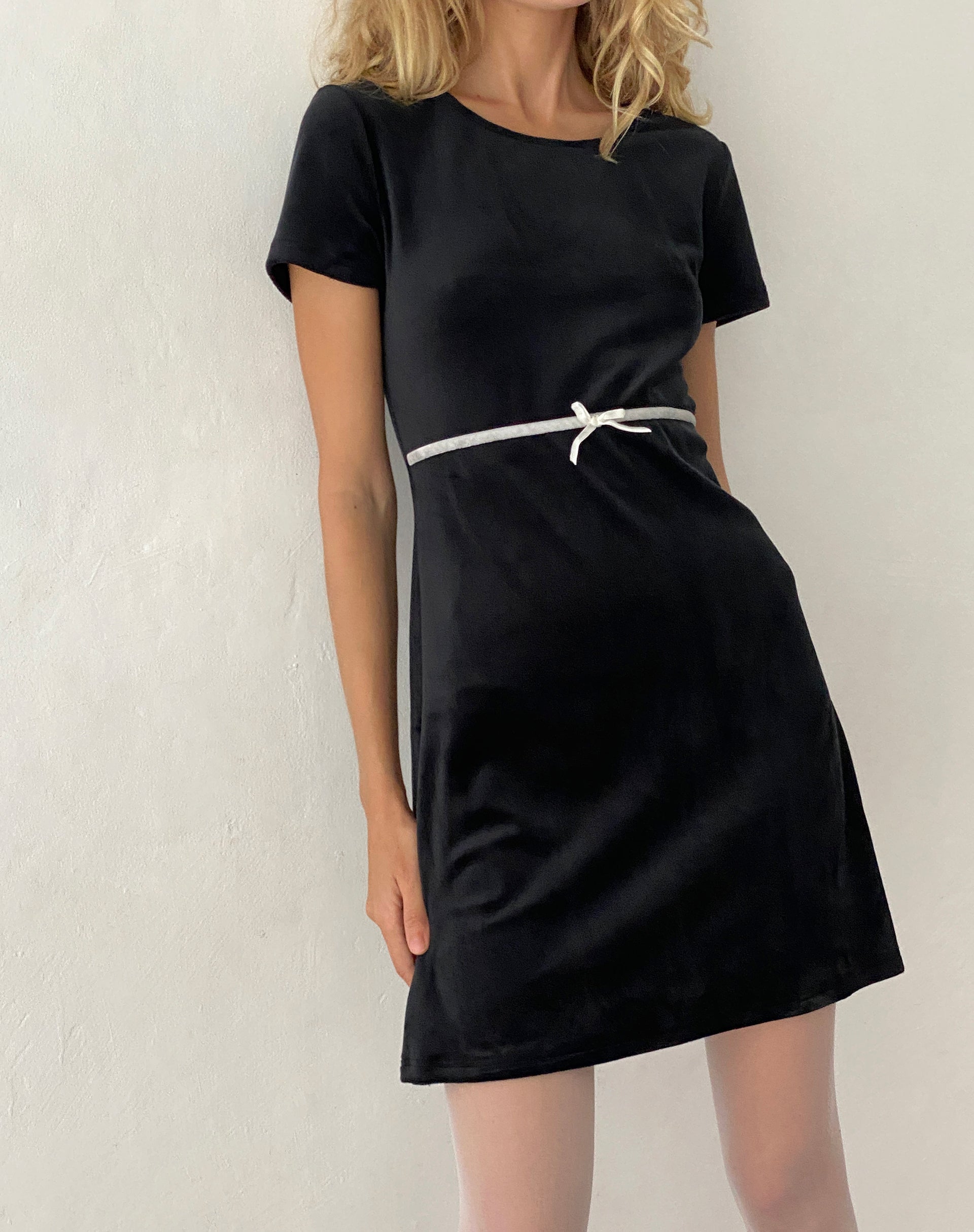Image of Amanda Mini Dress in Black Velvet with White Trim and Bow