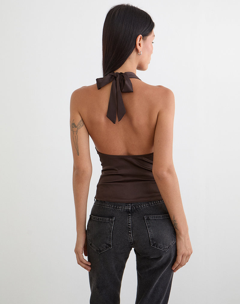 Image of Amuri V-Neck Top in Satin Dark Brown