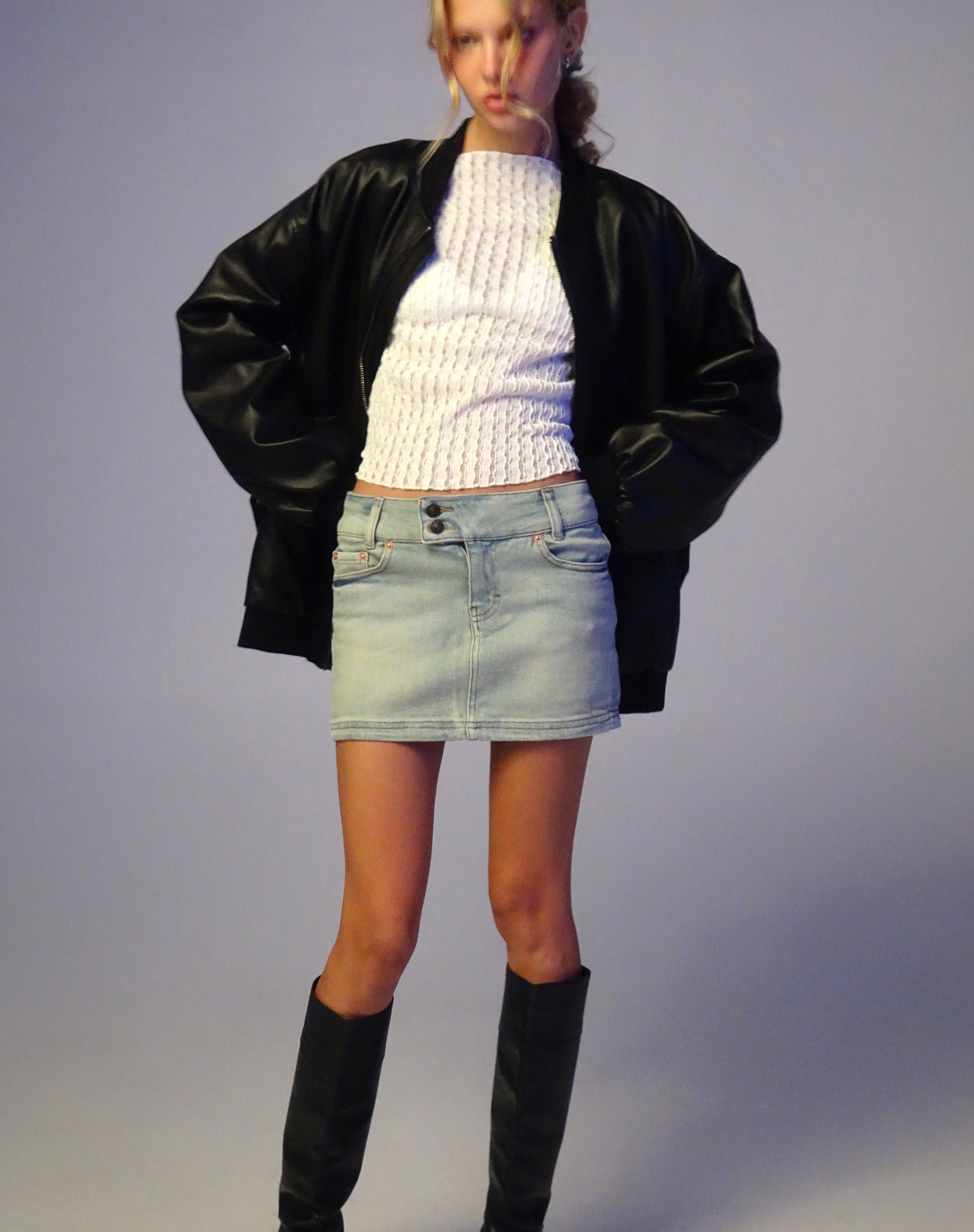 Image of Low Rise Denim Mini Skirt in Super Bleach