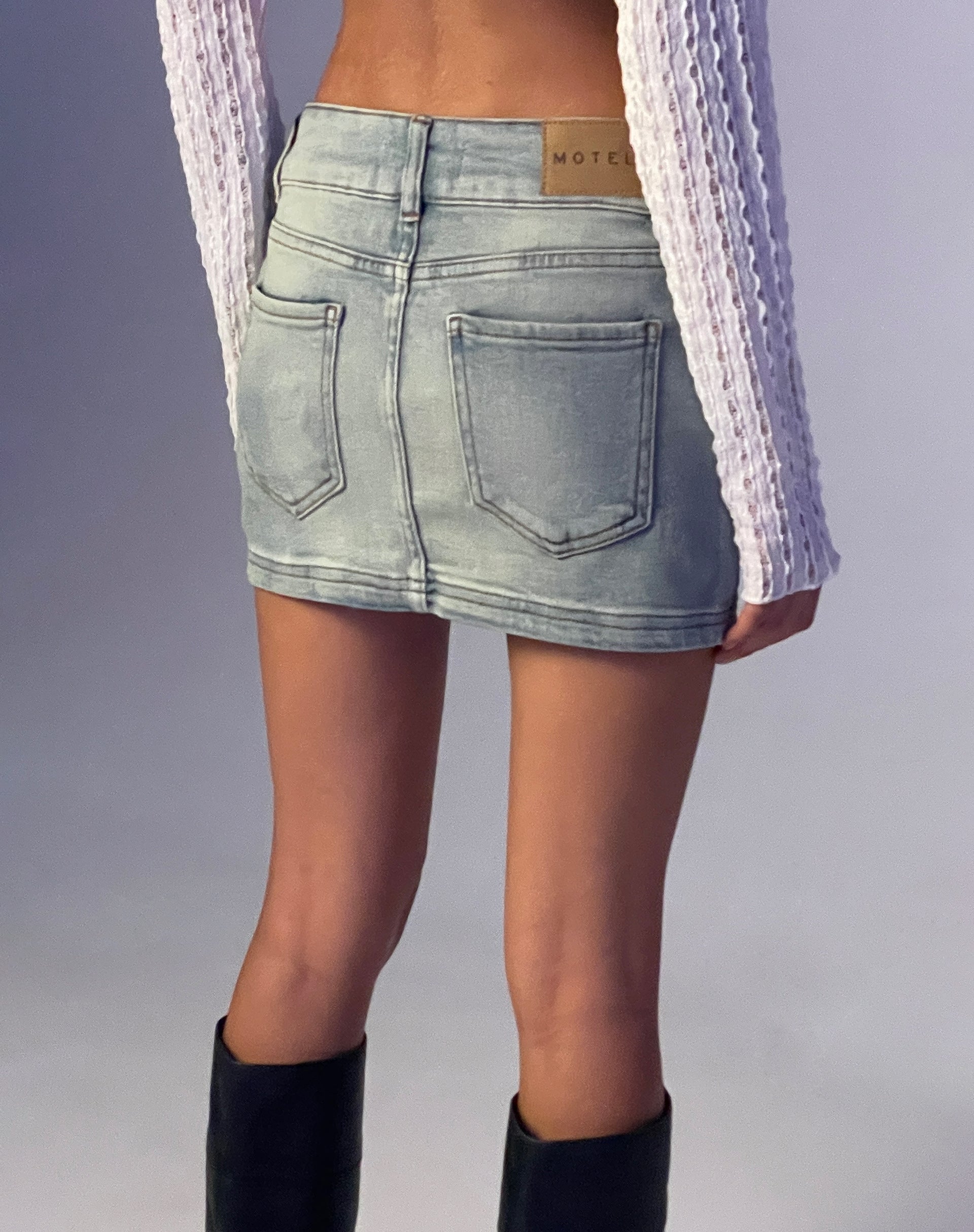 Image of Low Rise Denim Mini Skirt in Super Bleach