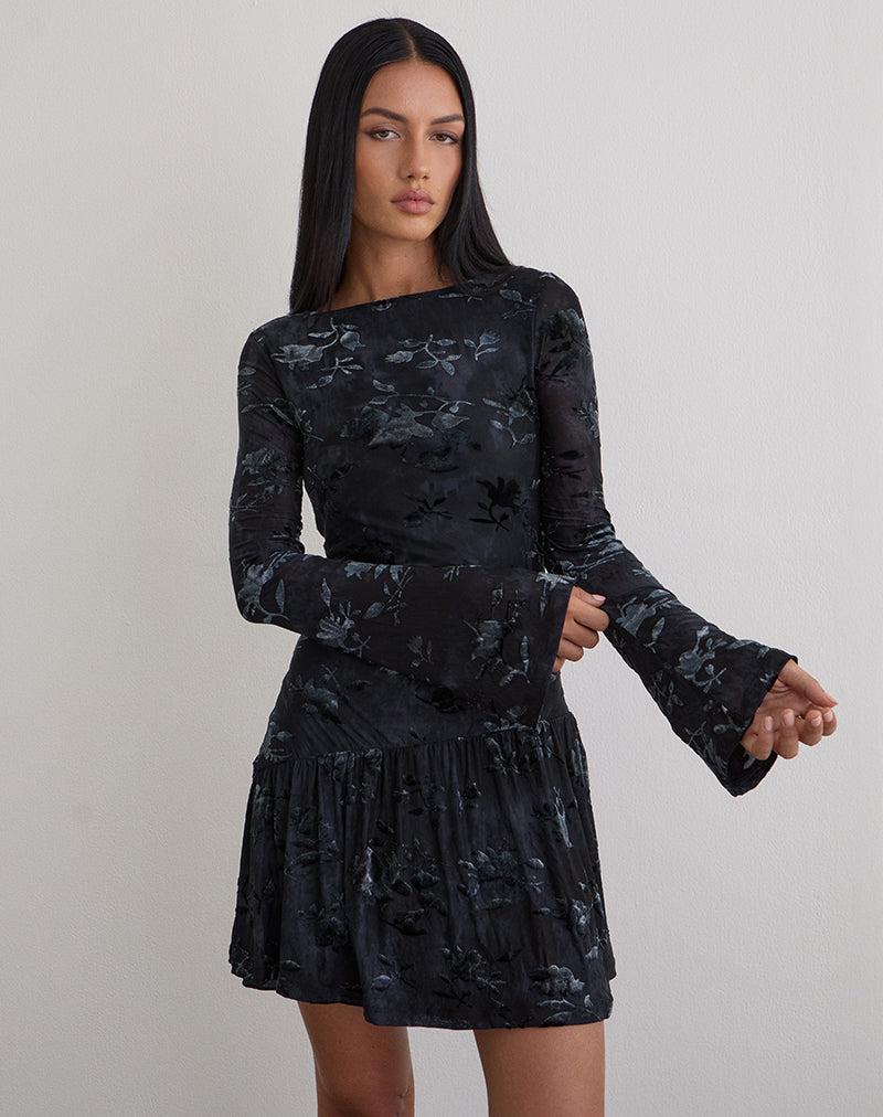 Image of Anyeli Mini Dress in Leaf Velvet Dark Blue