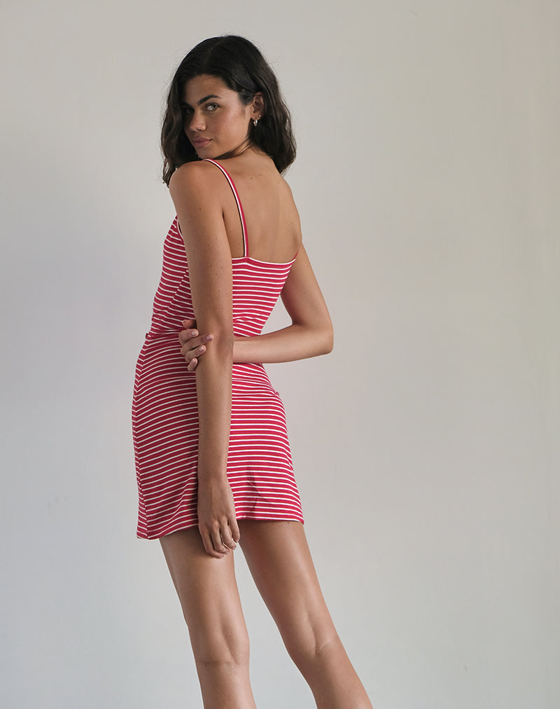 Image of Anzhelina Strappy Mini Dress in Red and White Stripe with Strawberry Emb
