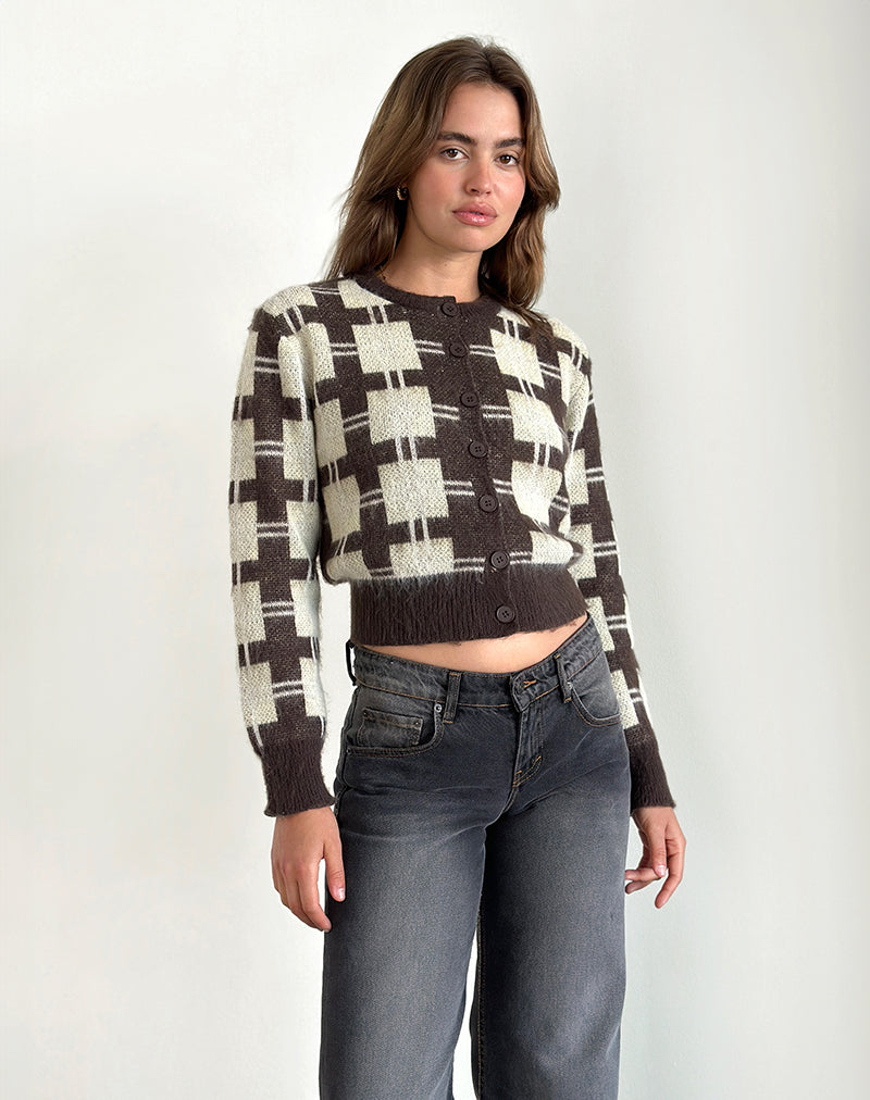 Image of Anzio Knitted Cardigan in Check Brown