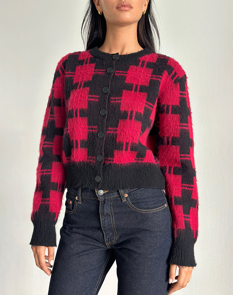 Anzio Cardigan in Black and Red Check Knit