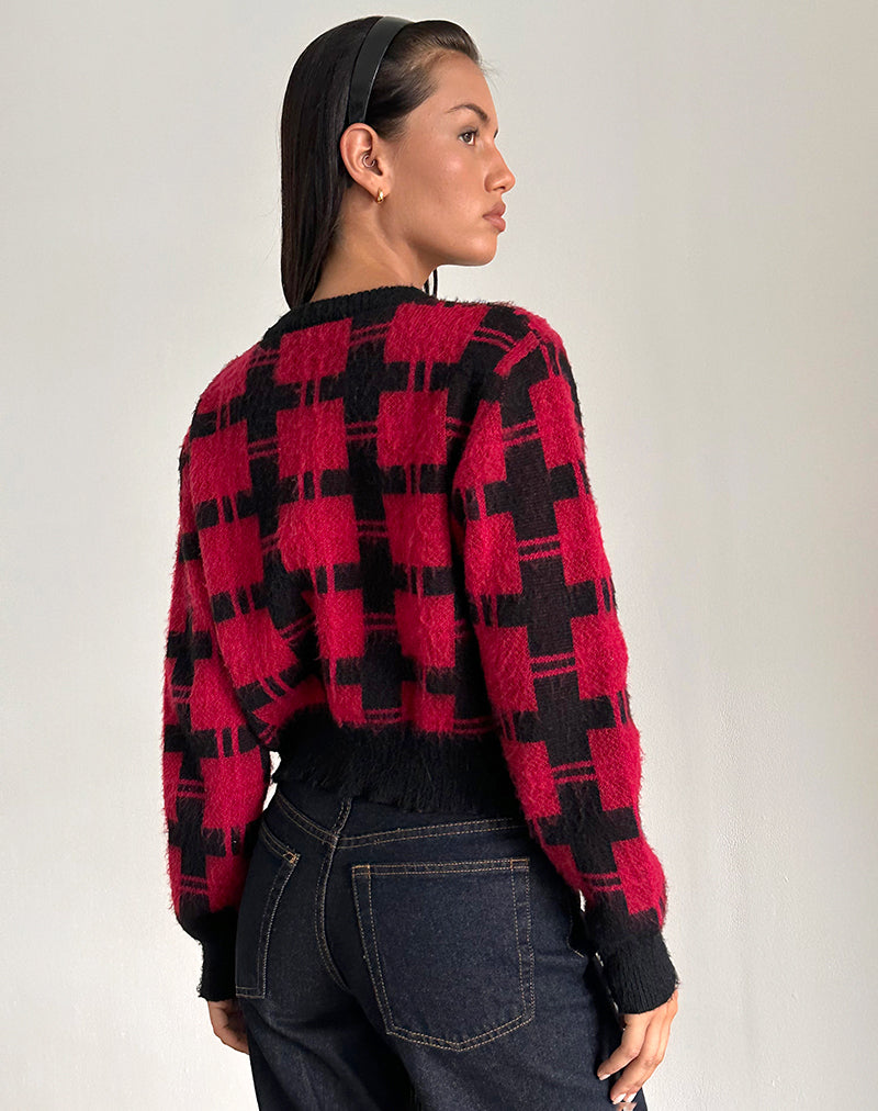 Image of Anzio Cardigan in Black and Red Check Knit