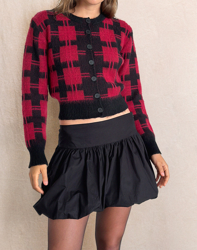 Anzio Cardigan in Black and Red Check Knit