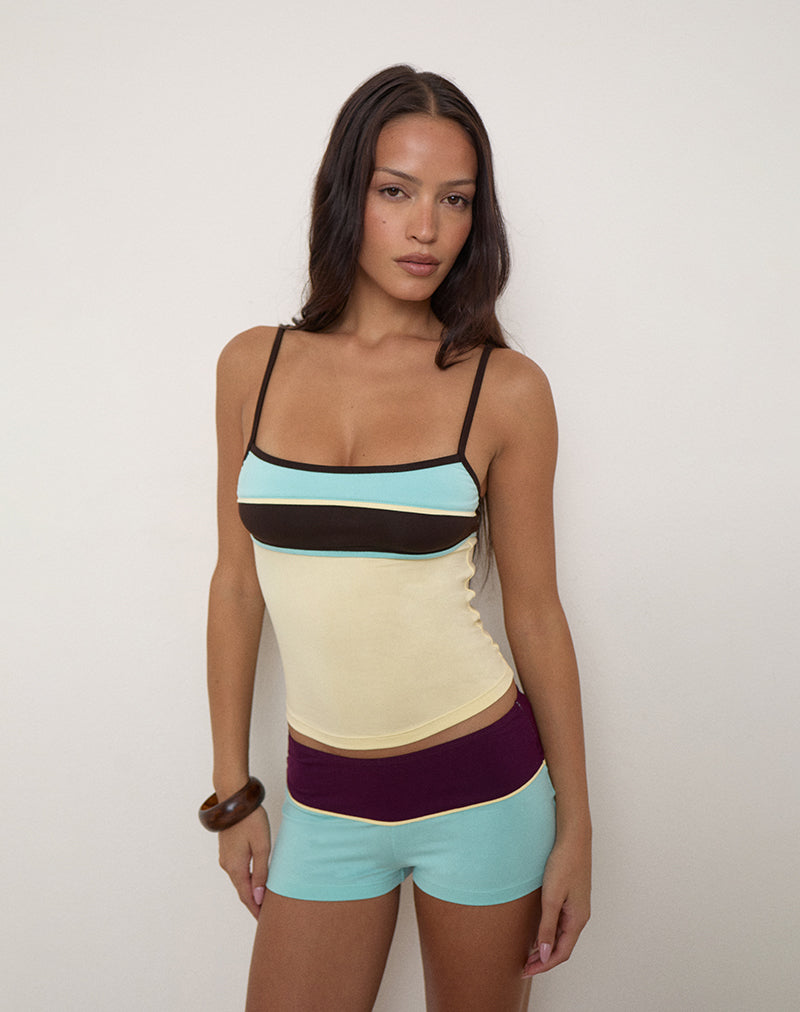 Image of Argery Top in Lemon with Aqua and Chocolate Brown Stripe