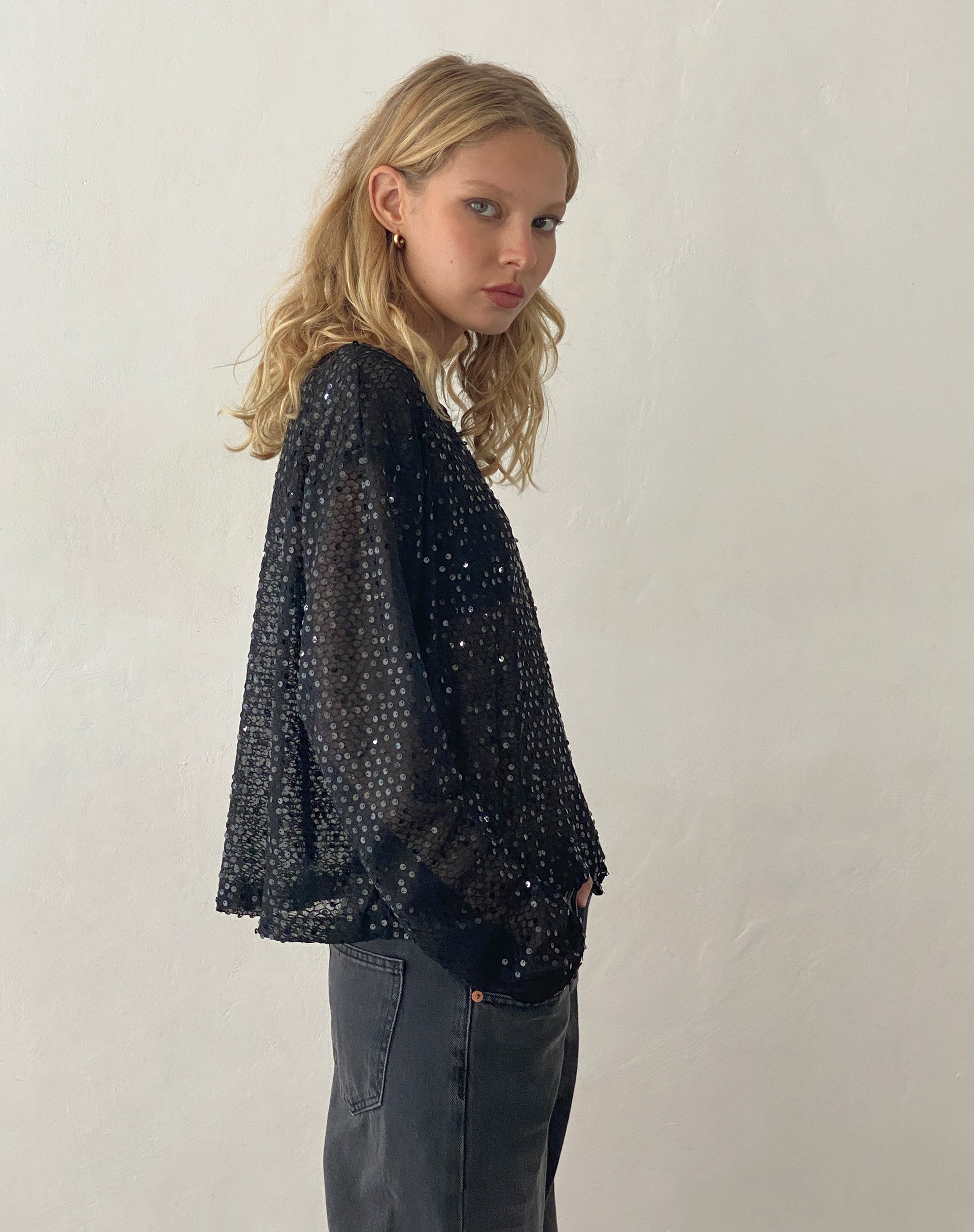 Image of Aridani Unlined Long Sleeve Top in Black Sequin