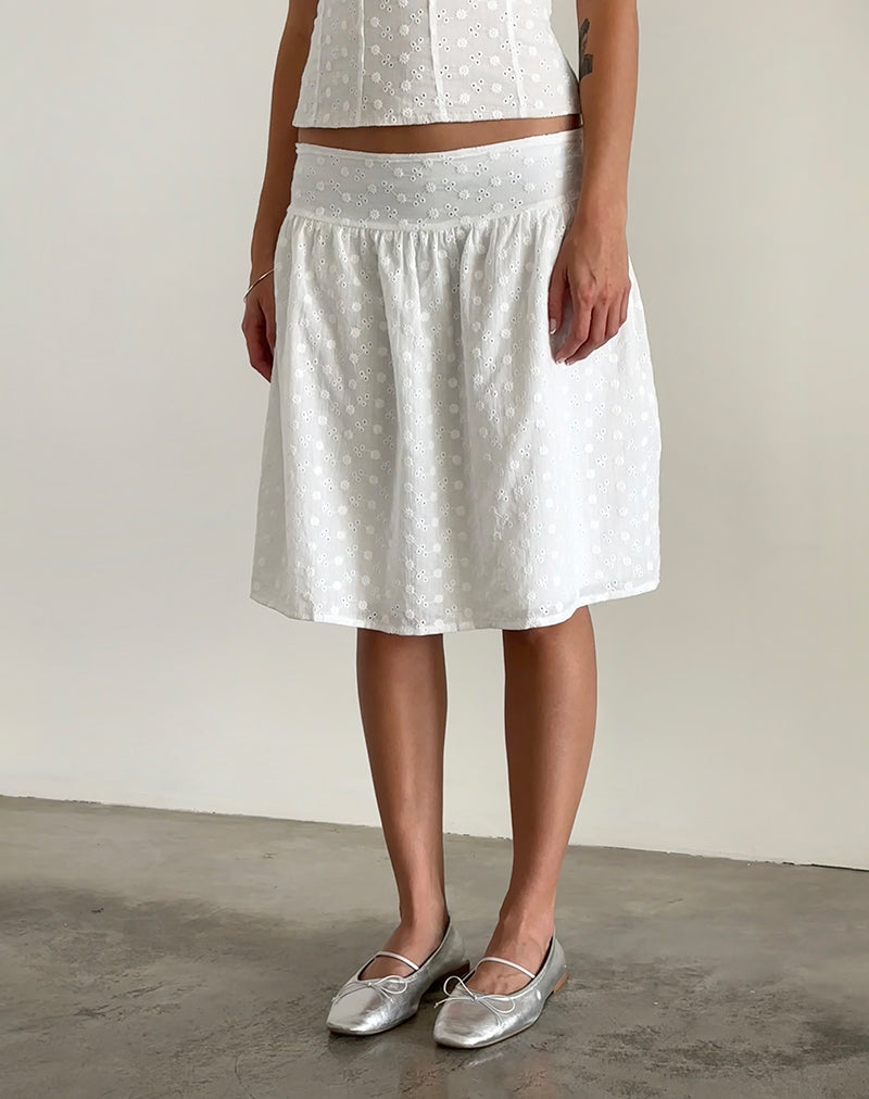 Aristia Midi Skirt in Woven Broderie White