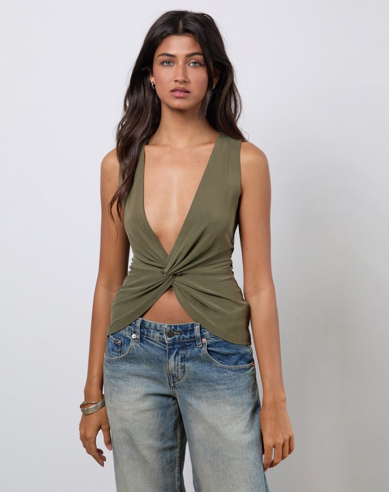 Image of Arlys Twist Detail Top in Cupro Khaki