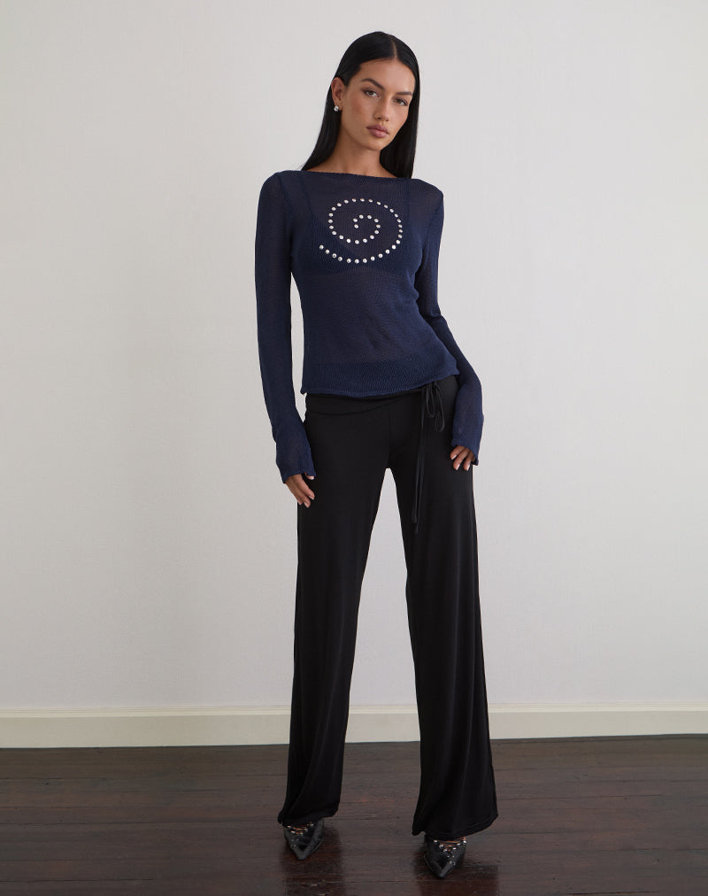 Armali Long Sleeve Top in Stud Sheer Knit Navy