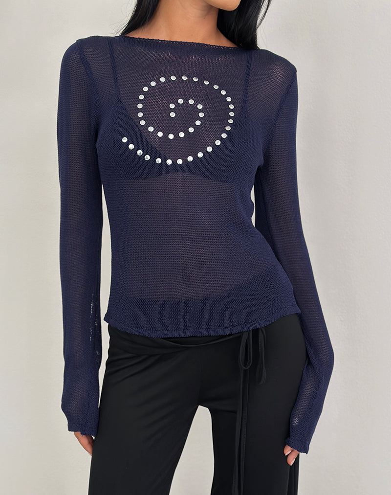Image of Armali Long Sleeve Top in Stud Sheer Knit Navy