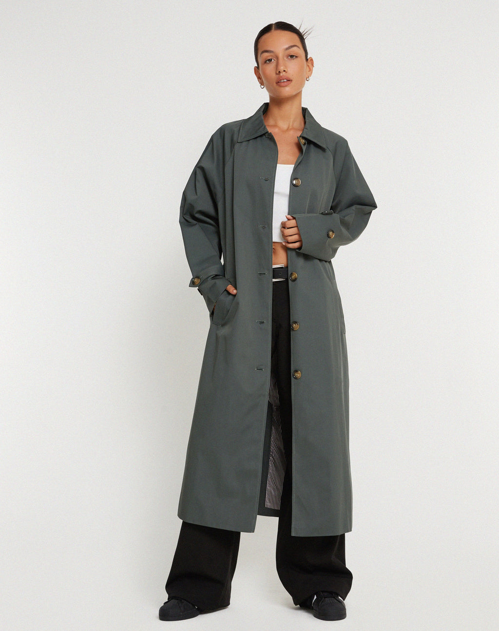 Assa Trench Coat in Light Charcoal with Stripe Lining