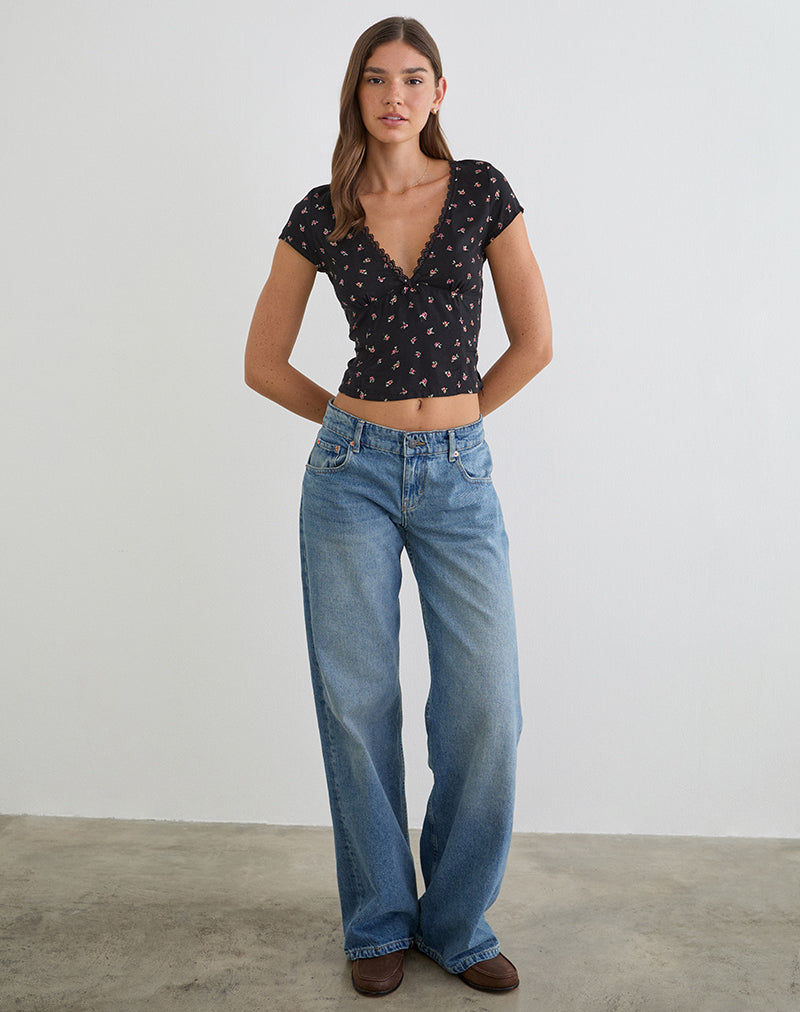 Image of Asana Top in Black with Red Rose Ditsy Print