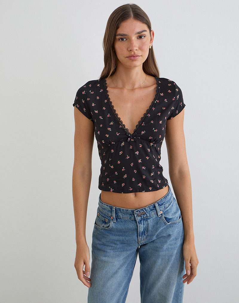 Image of Asana Top in Black with Red Rose Ditsy Print