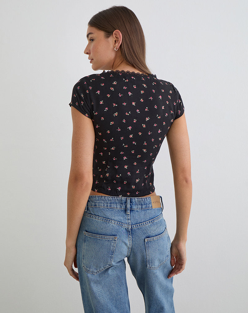 Image of Asana Top in Black with Red Rose Ditsy Print
