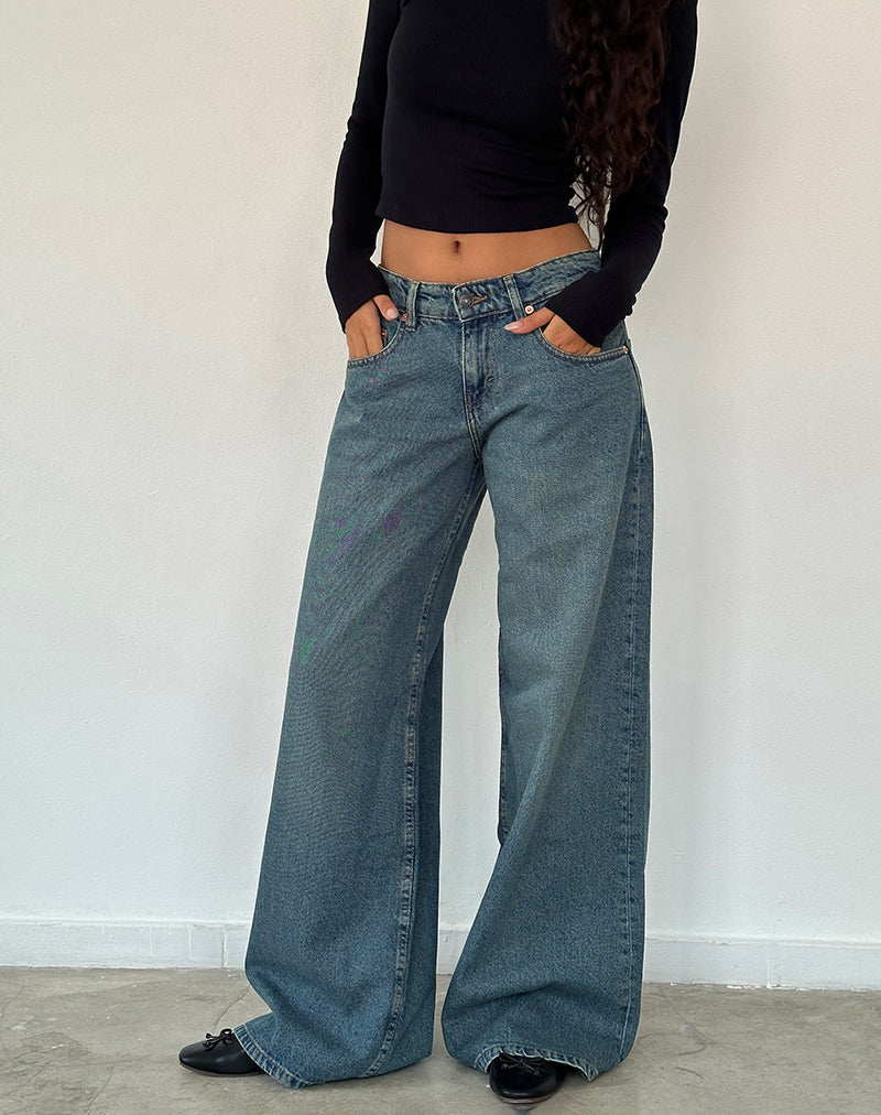 Image of Roomy Oversized Low Rise Jeans in Vintage Blue Green