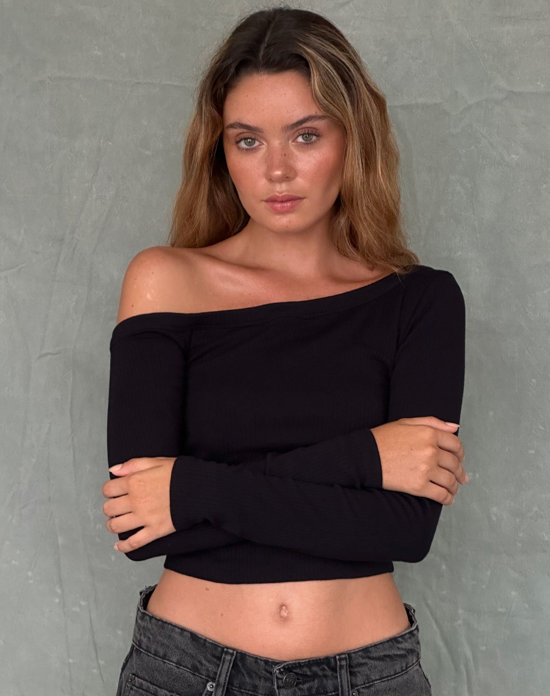Image of Ashia Asymmetric Long Sleeve Top in Black Super Soft Thick Rib