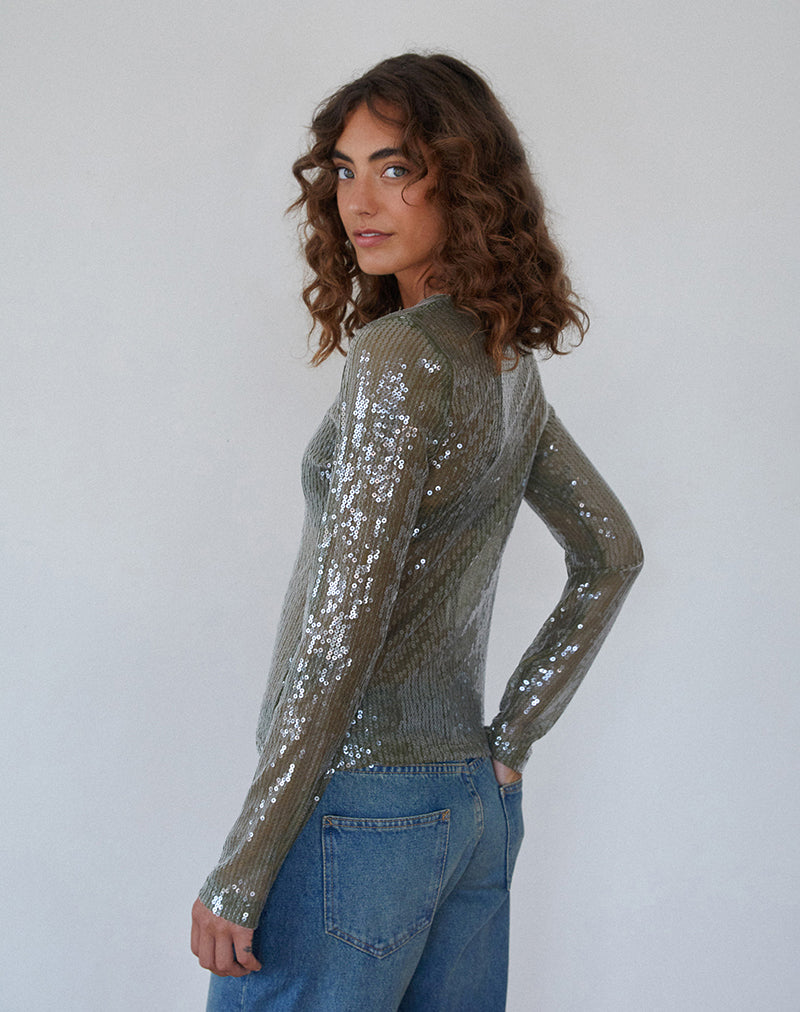 Image of Ashram Top in Clear Khaki Green Sequin