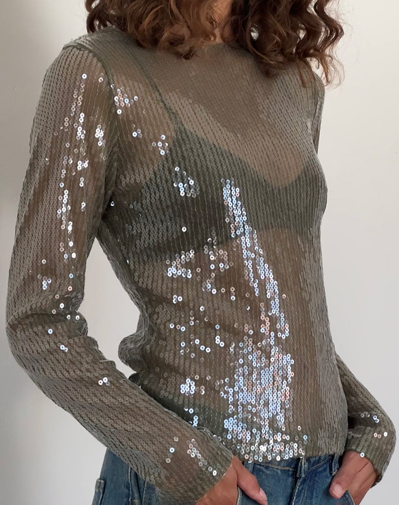 Image of Ashram Top in Clear Khaki Green Sequin