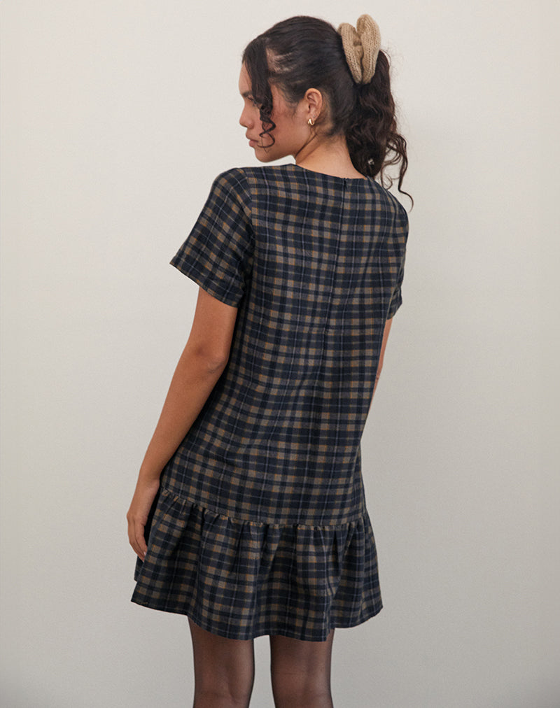 Image of Asterin Mini Smock Dress in Navy Mustard Check