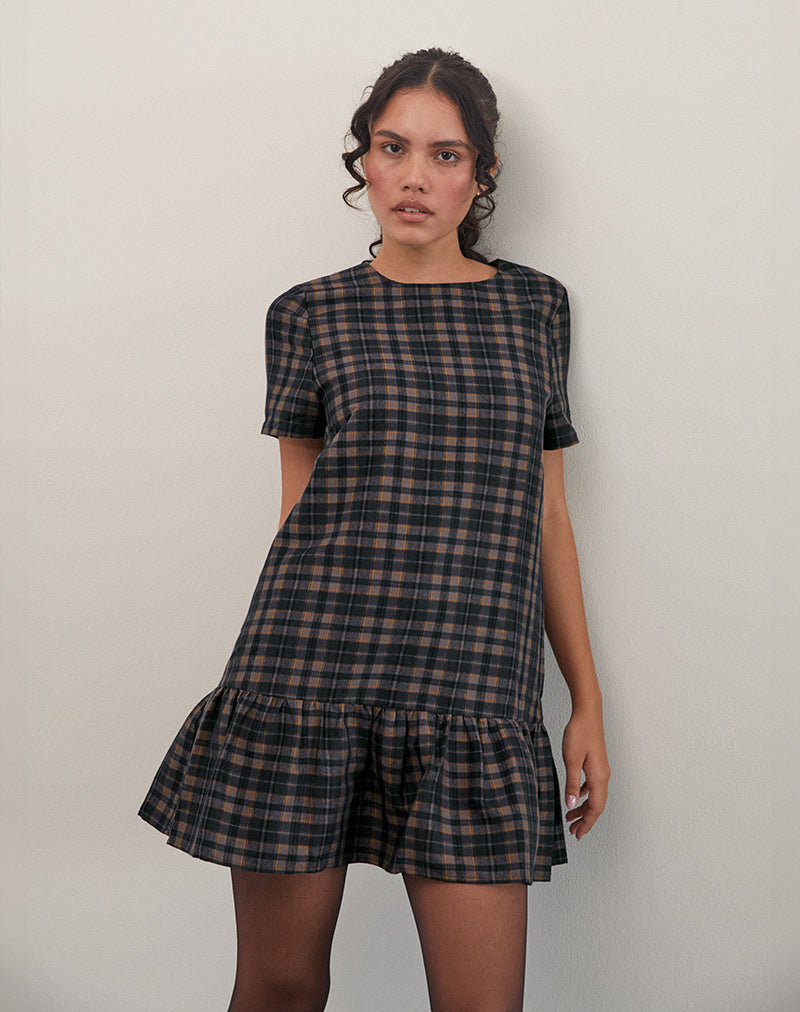 Image of Asterin Mini Smock Dress in Navy Mustard Check