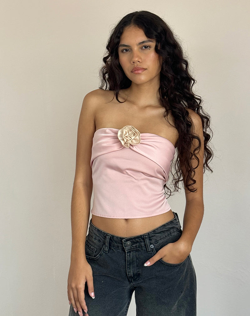 Astrum Satin Bandeau Top in Pink with Ivory Rose