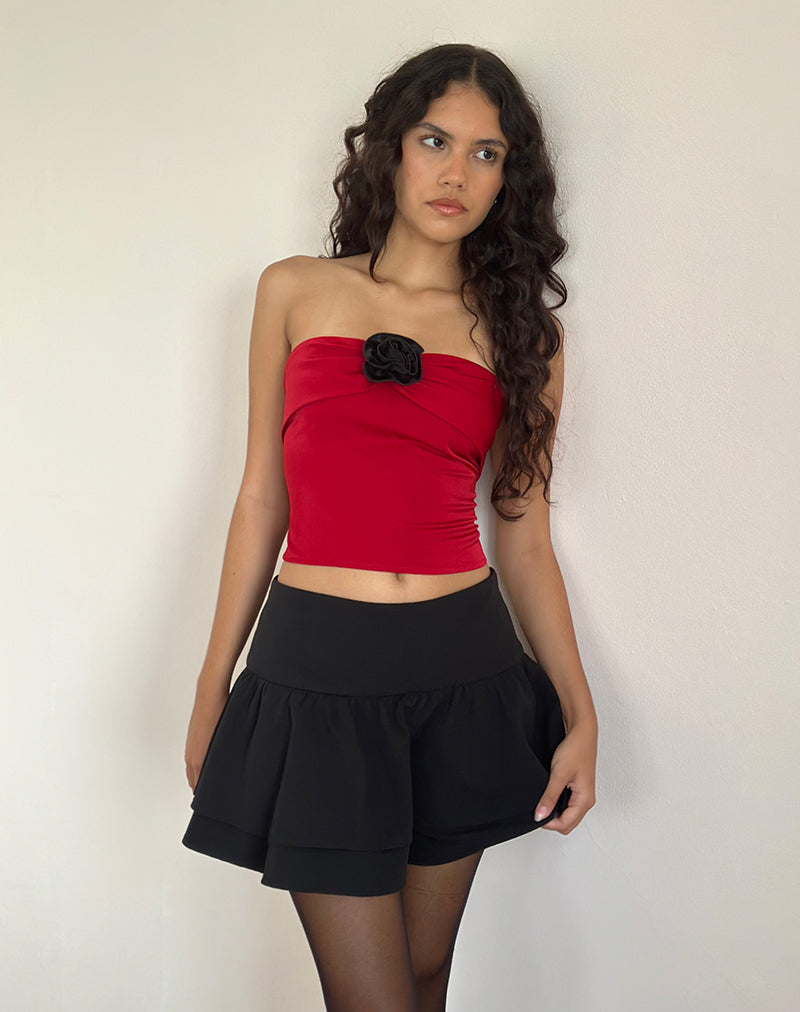 Astrum Satin Bandeau Top in Red with Black Rose