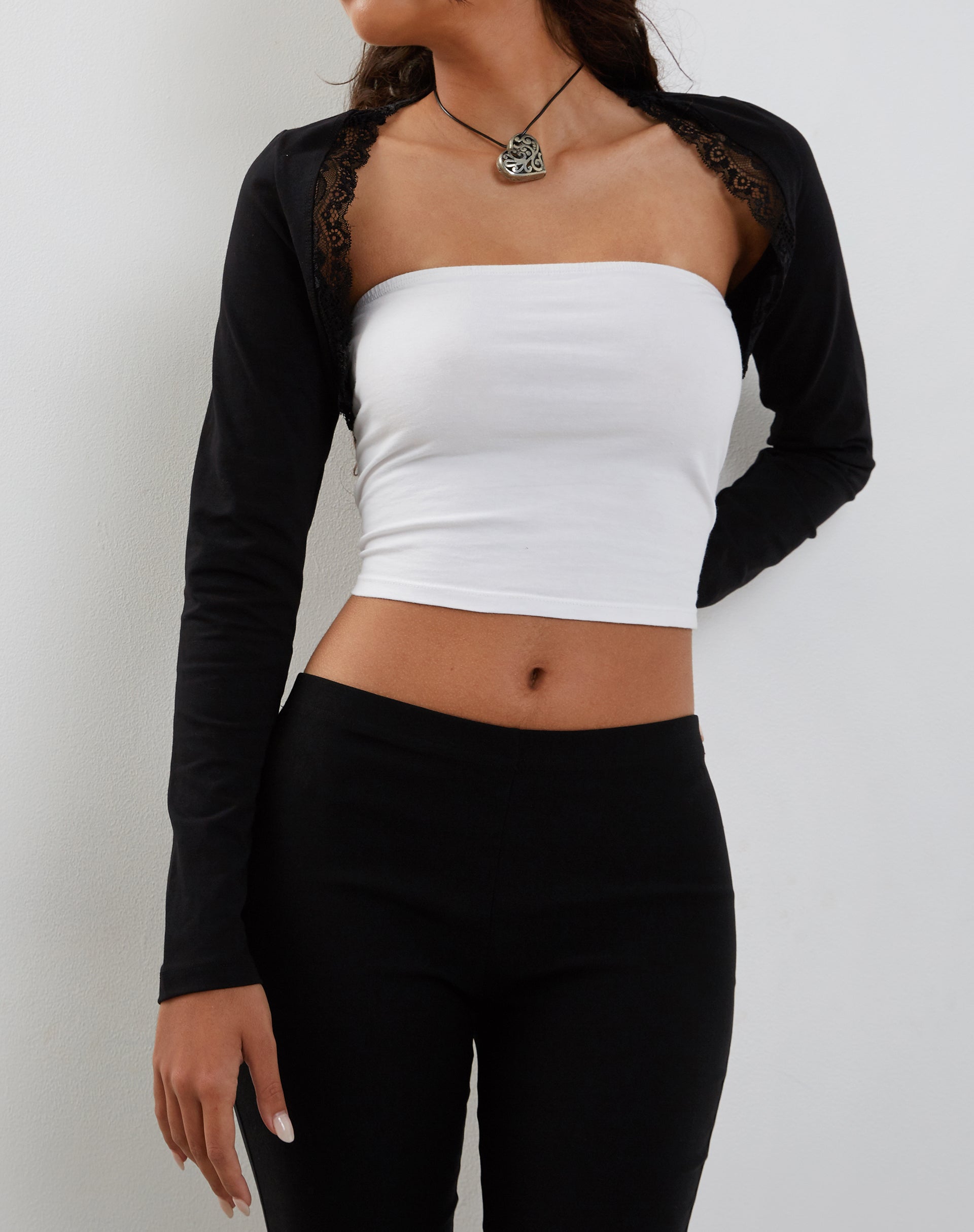 Image of Avya Lace Trim Shrug Top in Lycra Lace Black