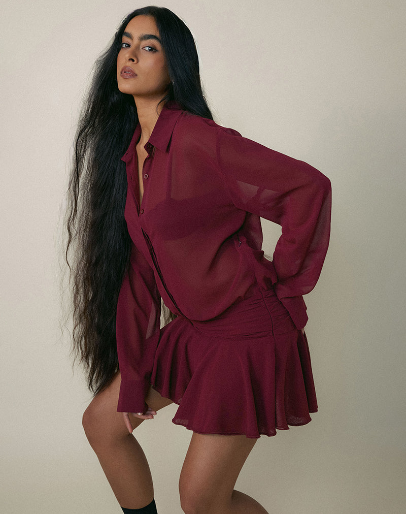 Azphira Long Sleeve Button Up Playsuit in Burgundy