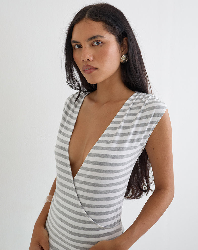 Bahati Plunge Top in Stripe White and Grey