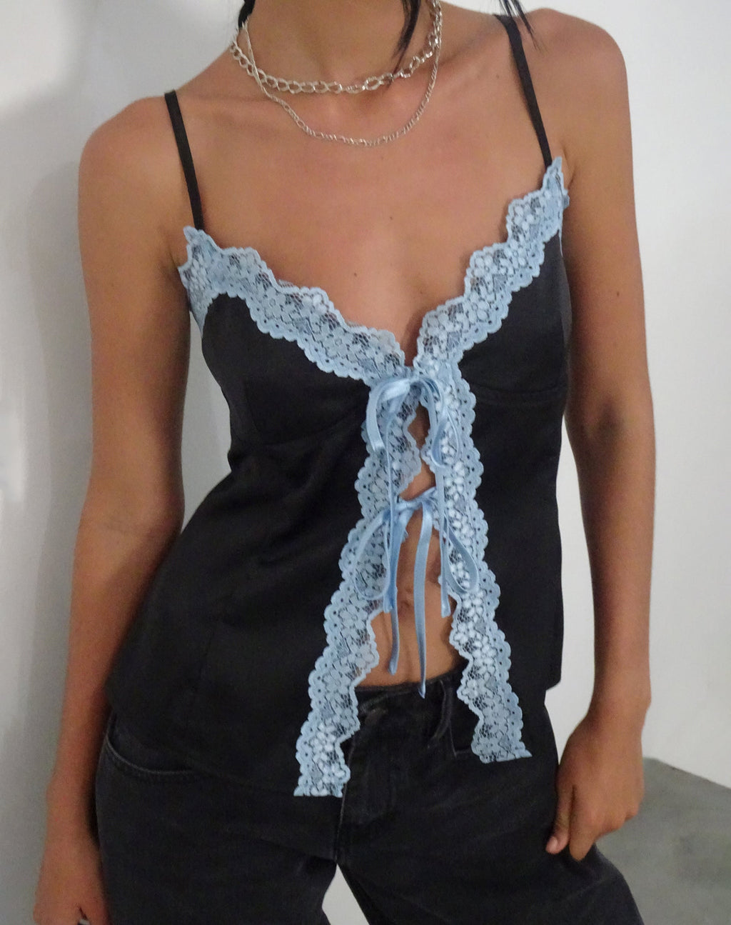 Bahela Tie Front Cami Top in Black with Blue Lace