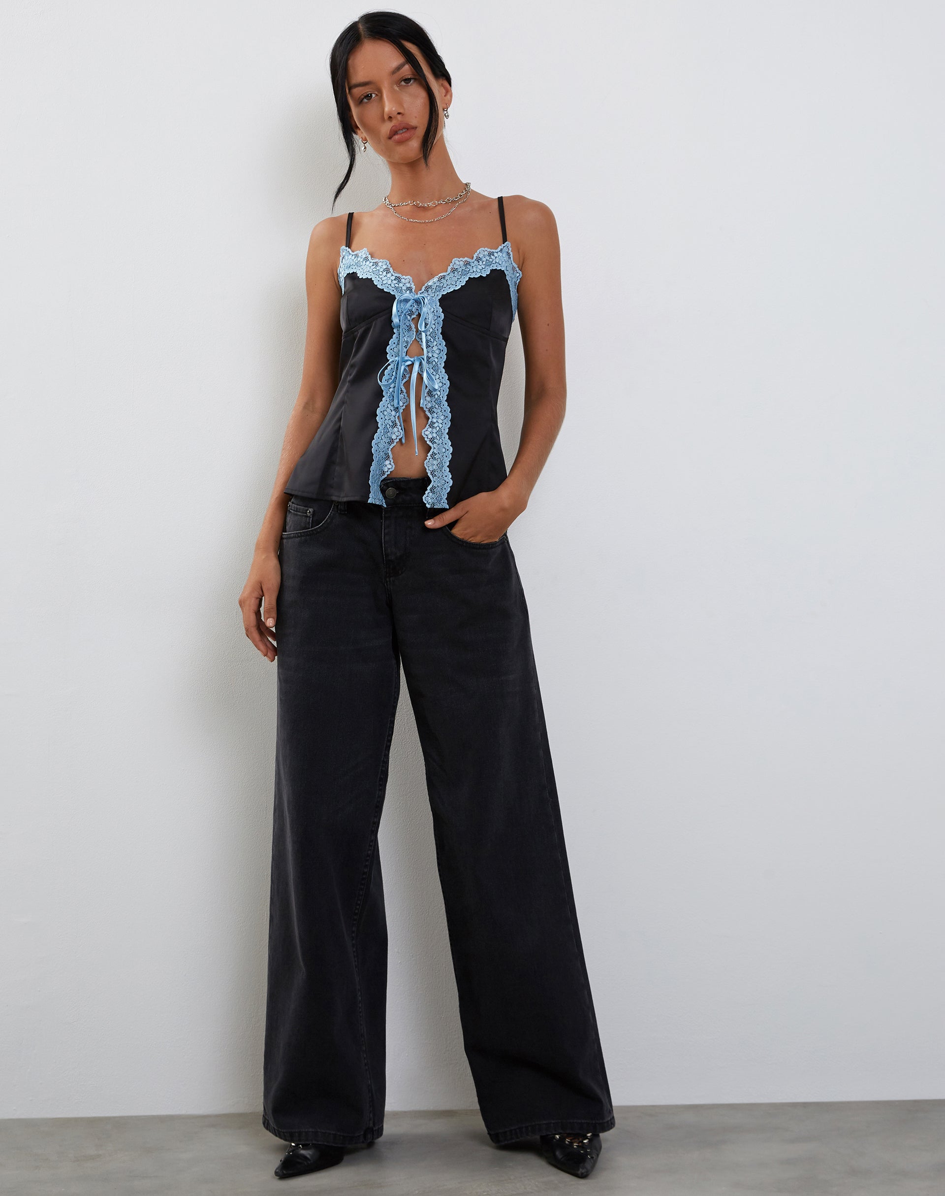 Images of Bahela Tie Front Cami Top in Black with Blue Lace