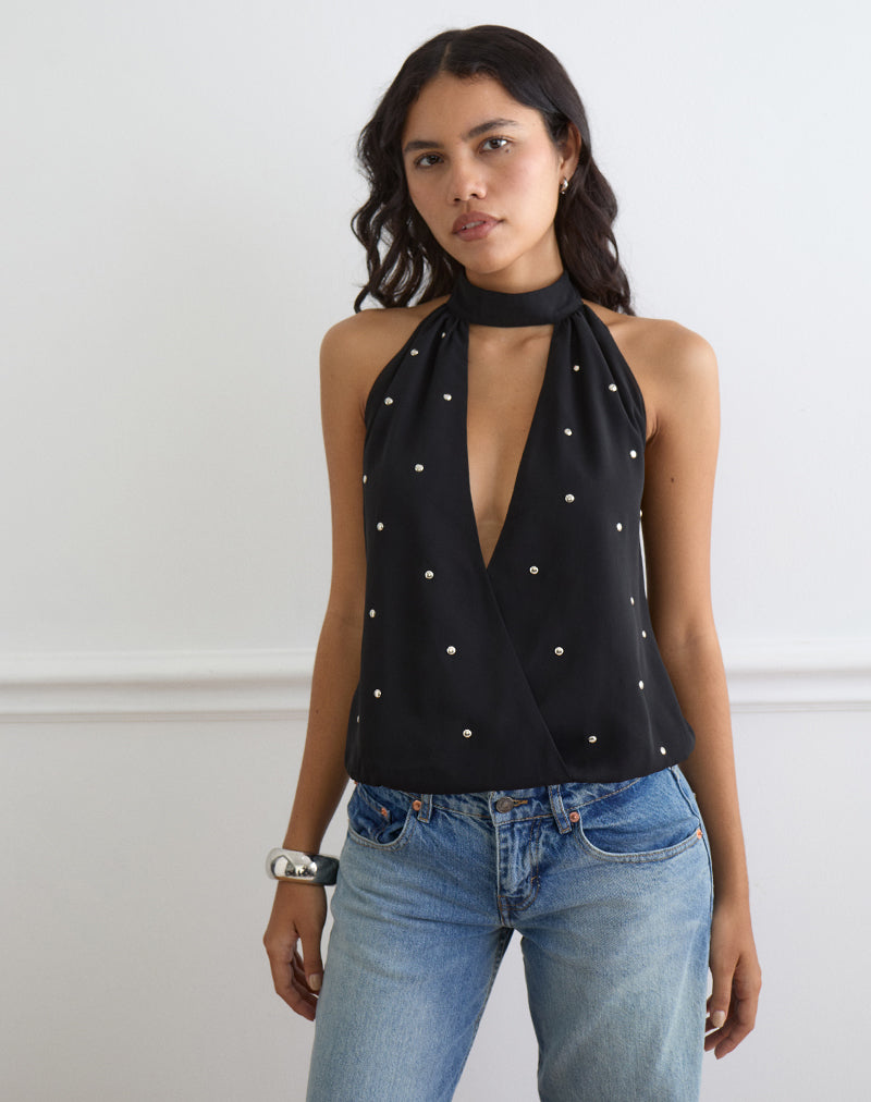 Image of Bajo Halter Bubble Top in Chiffon Black with Studs
