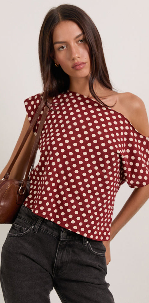 Image of Balia Asymmetric Short Sleeve Top in Polka Wine