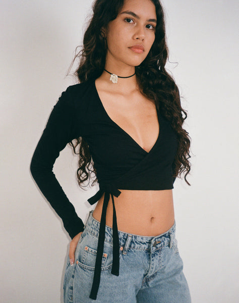 Black long sleeve wrap top sales