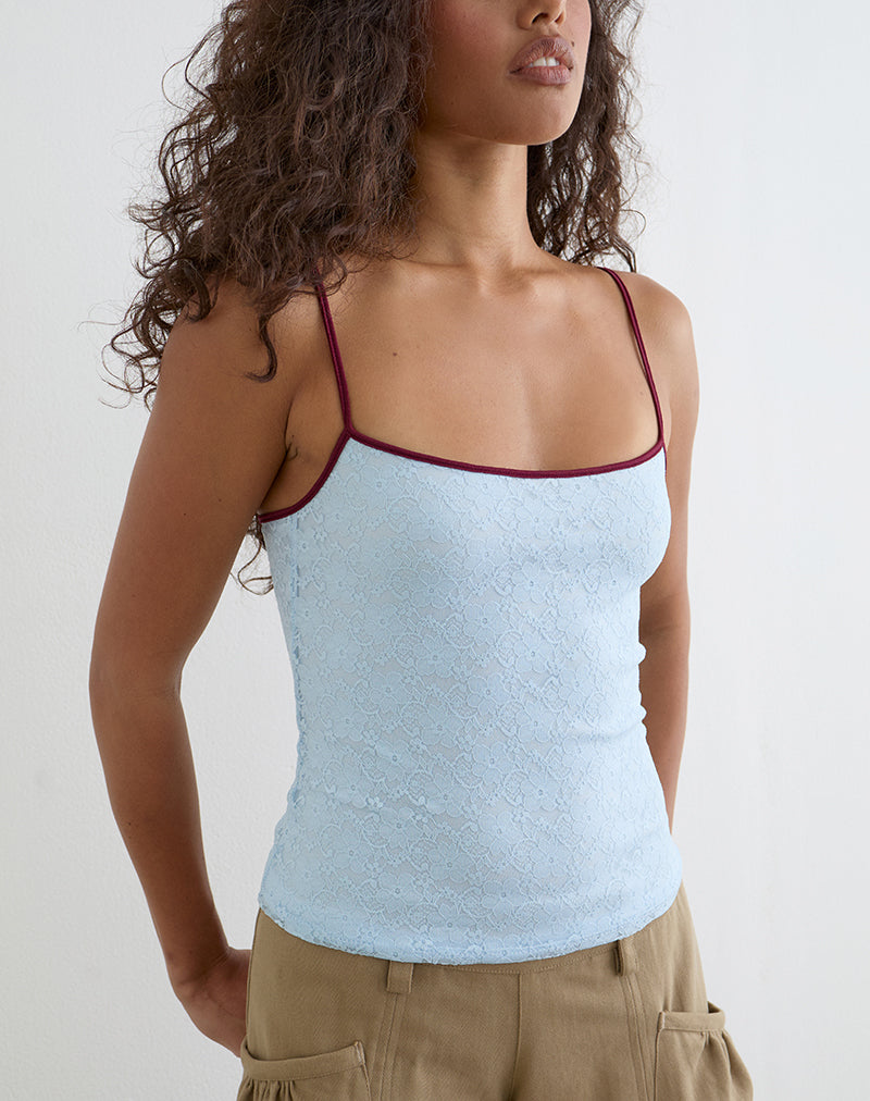 Barlyn Cami Top in Lace Turquoise with Burgundy Binding