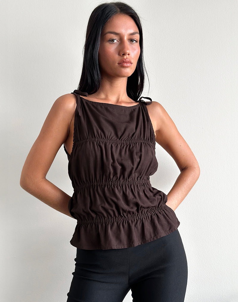 Image of Beck Ruched Tie Strap Top in Bitter Chocolate