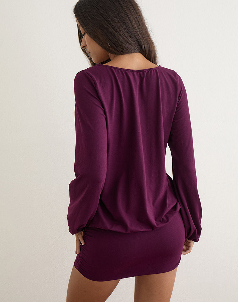 Bede Long Sleeve Deep Plunge Mini Dress in Fig